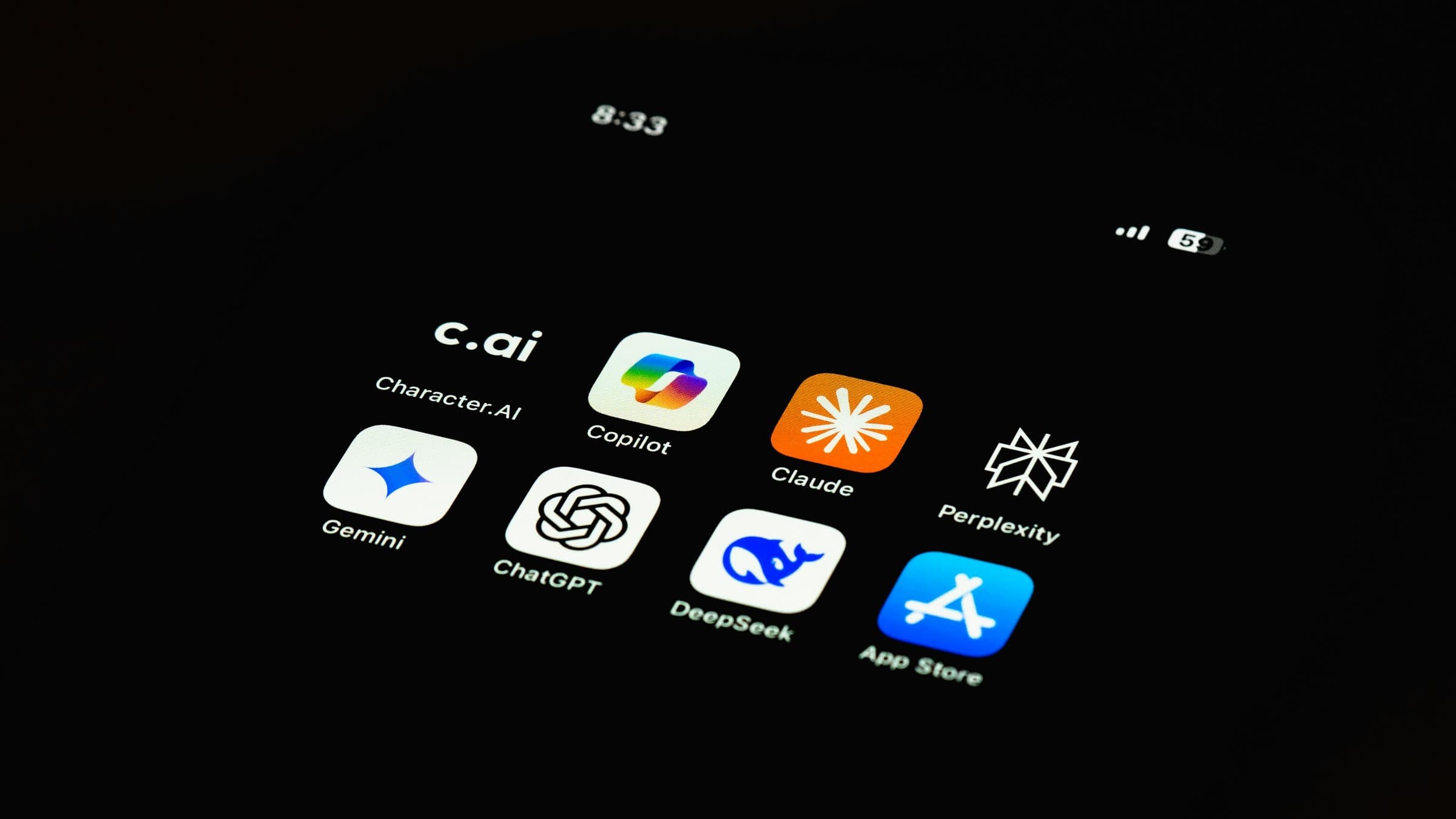 Smartphone home screen showing AI apps including ChatGPT, Gemini, Claude, and Perplexity
