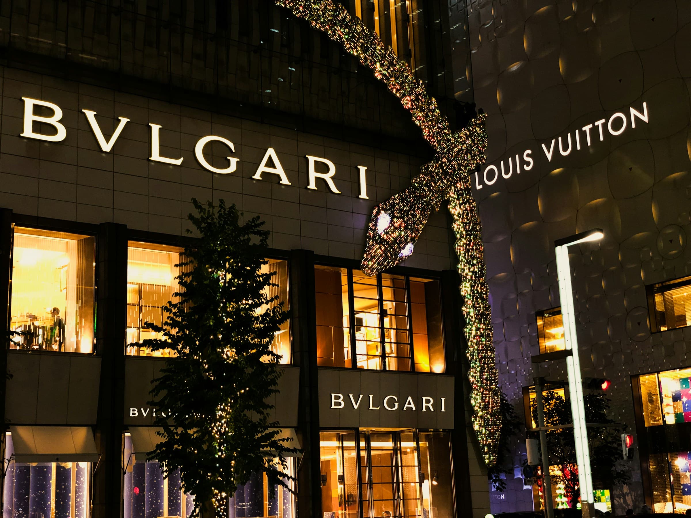Illuminated luxury flagship storefront at night with curated window display