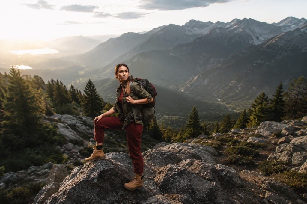 Hiker with a backpack on a rocky mountain summit overlooking a misty valley at golden hour