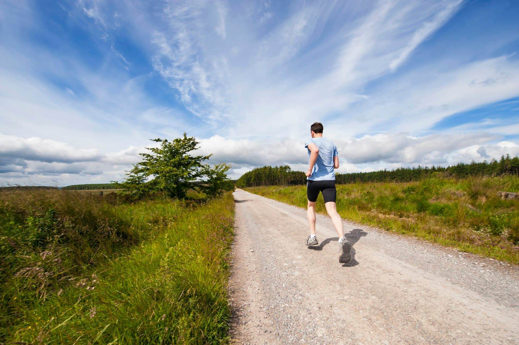 Trail runners in bright athletic apparel and sneakers on an outdoor path under clear sky